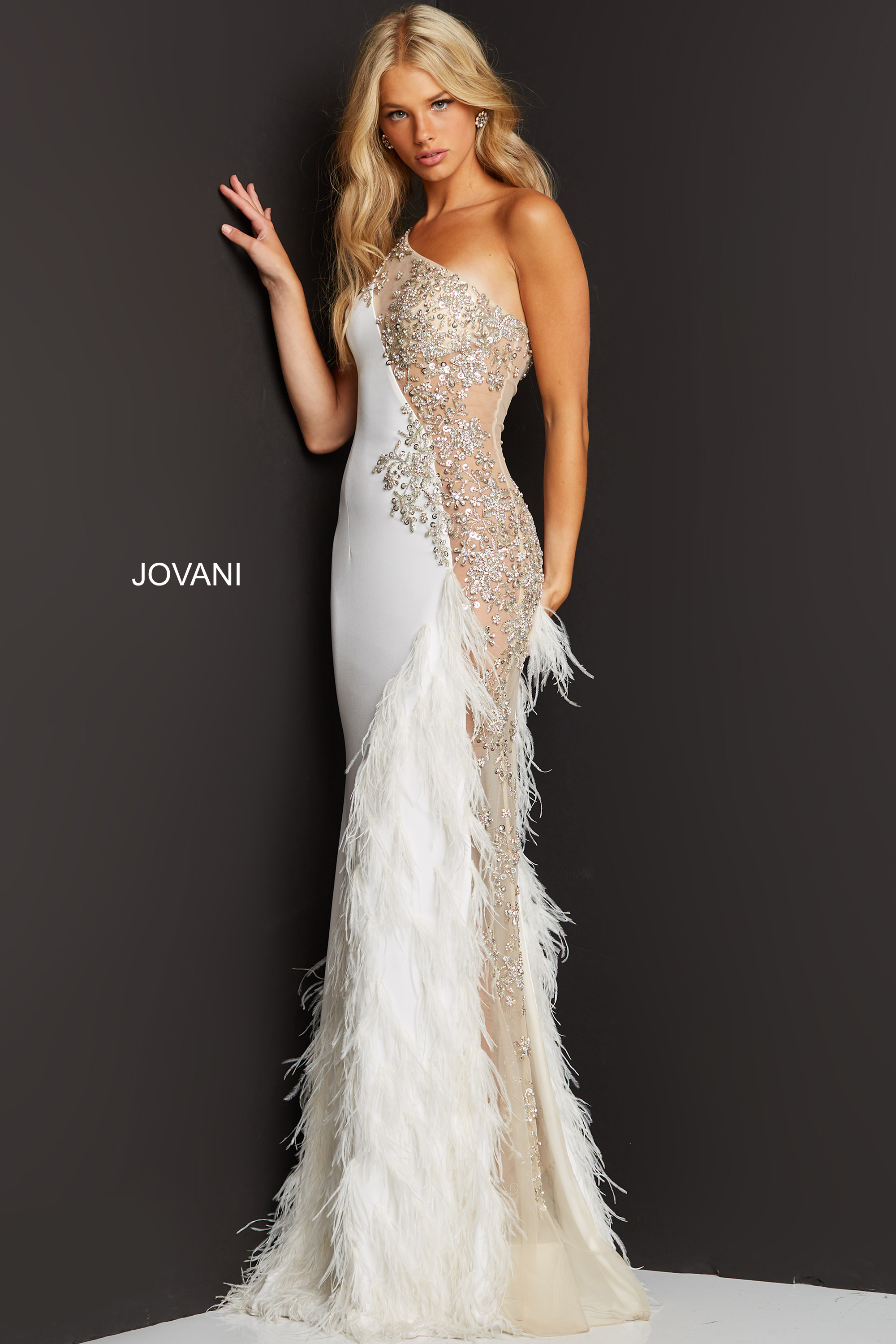 03389 Off White Nude One Shoulder Sexy Prom Dress